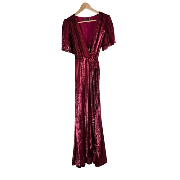 FREE PEOPLE Kara Metallic Red Velvet Short Sleeve Wrap Maxi Dress - Picture 4 of 12